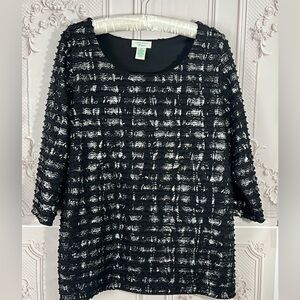Laura Ashley Womens dressy Top 1X Black Shimmer Ruffles Textured 3/4 SleeveLined